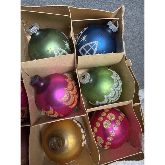 Vtg Pyramid Glass Ornaments Box 11 Stencil Glitter Solid Xmas USA READ Pink Blu - Picture 5 of 9